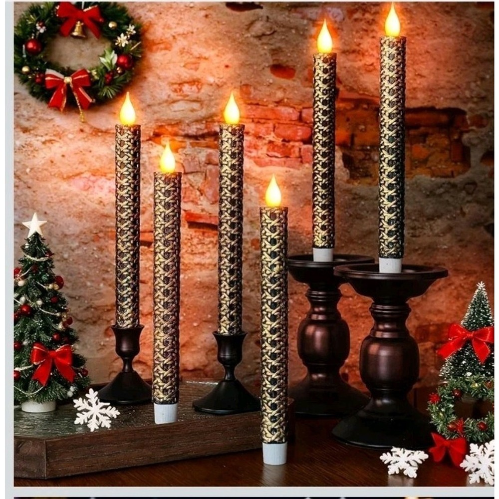 6 Pcs Black and Gold Flameless Taper Candles - 9.65 Inch Battery Operated LED...